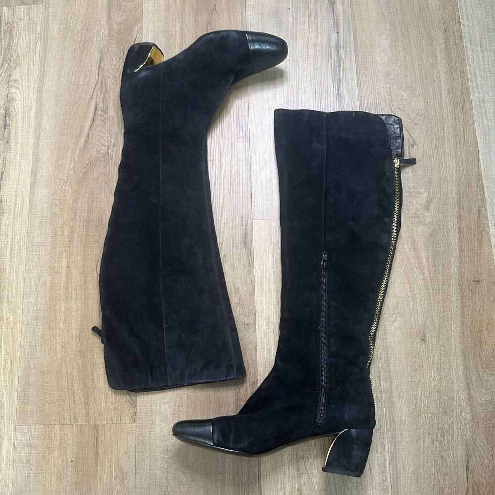 Nine West Jatoba Knee High Boot Womens 9 M Tall Black Suede Gold Zip Up